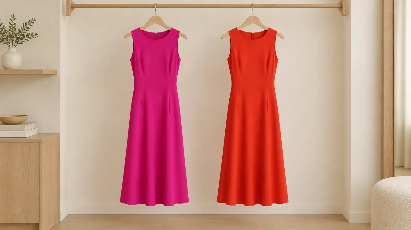Dos vestidos midi del mismo corte, fucsia a la izquierda y rojo tomate a la derecha.