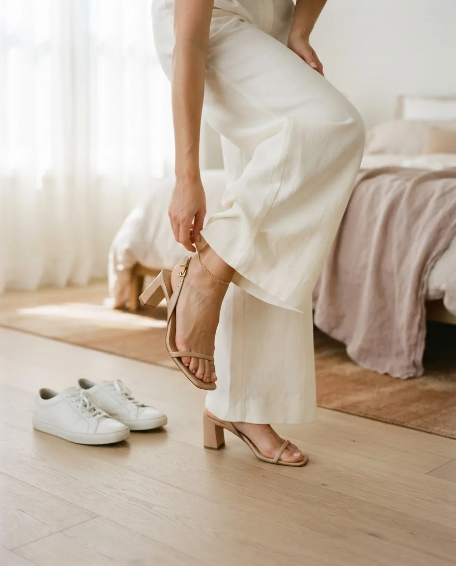 Mujer calzándose un zapato de tacón con un pantalón ancho de lino junto a unas zapatillas blancas, para decidir el largo del bajo