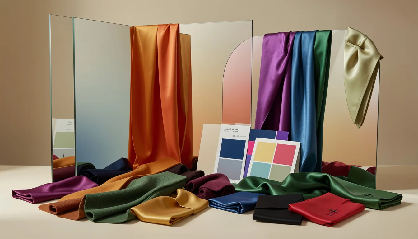 Telas satinadas de colores intensos y tarjetas de paleta de color, como las que se comparan en una colorimetría personal
