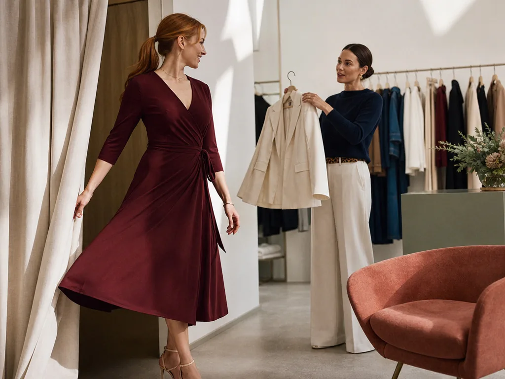 Una mujer sale del probador con un vestido cruzado burdeos mientras otra le acerca una americana color crudo para combinarlo
