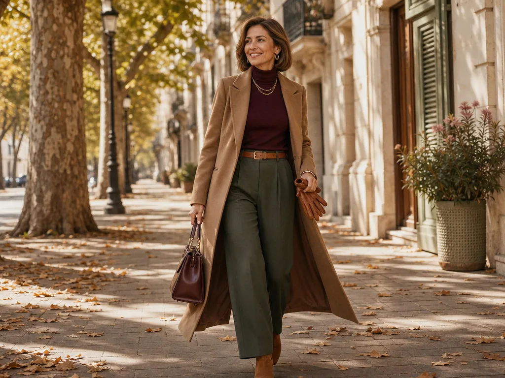 Mujer elegante con pantalón verde oliva, jersey burdeos de cuello alto, abrigo camel y bolso burdeos caminando por un paseo en otoño