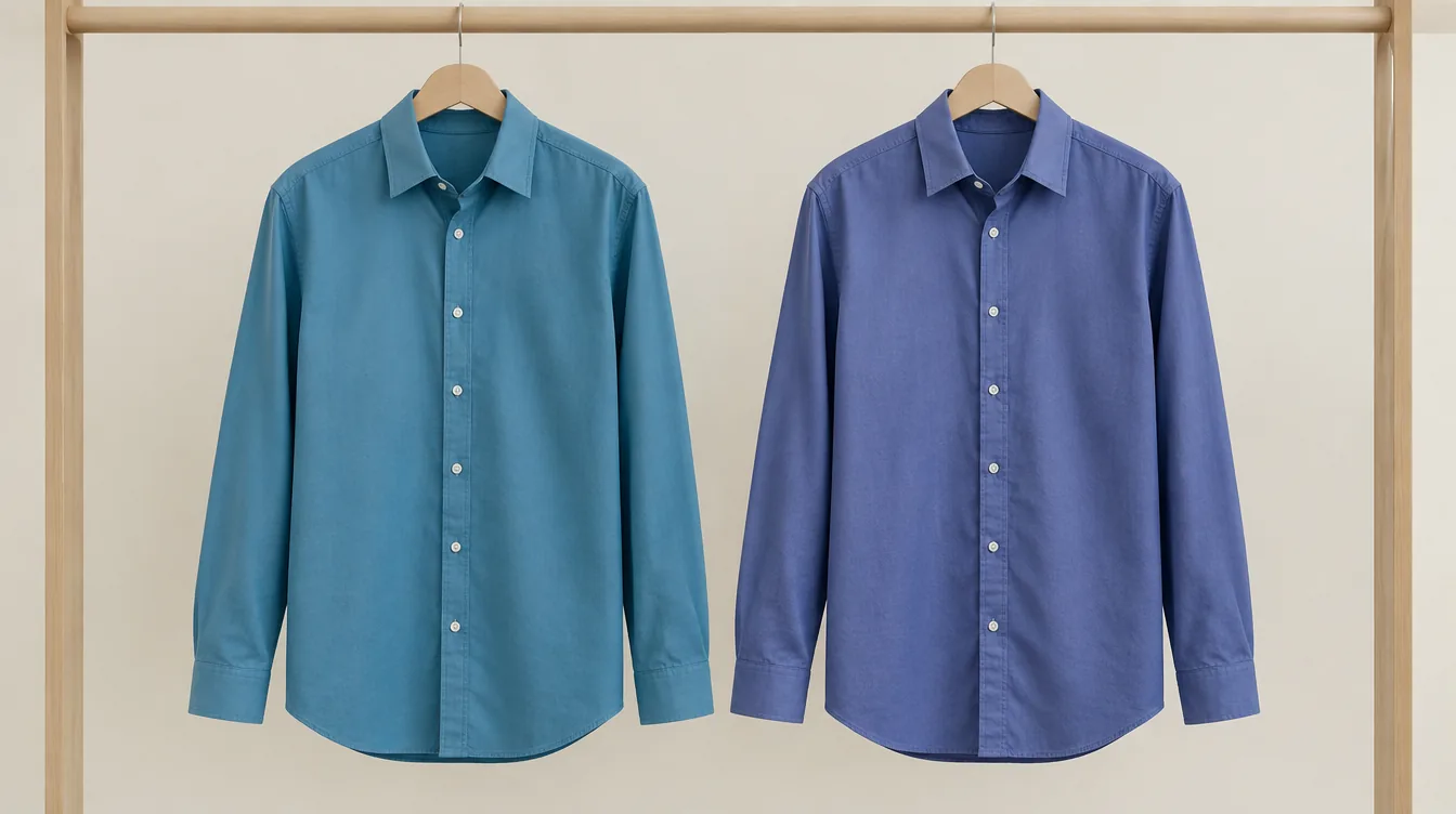 Dos camisas azules: cerúleo con matiz verdoso a la izquierda y azul violáceo a la derecha.