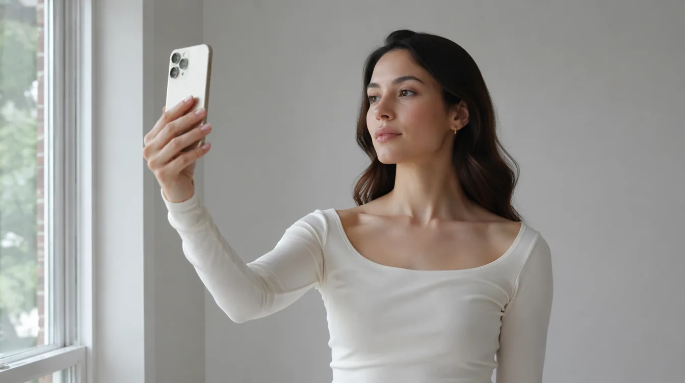 Mujer haciéndose una foto con luz natural junto a una ventana para un estudio de colorimetría online