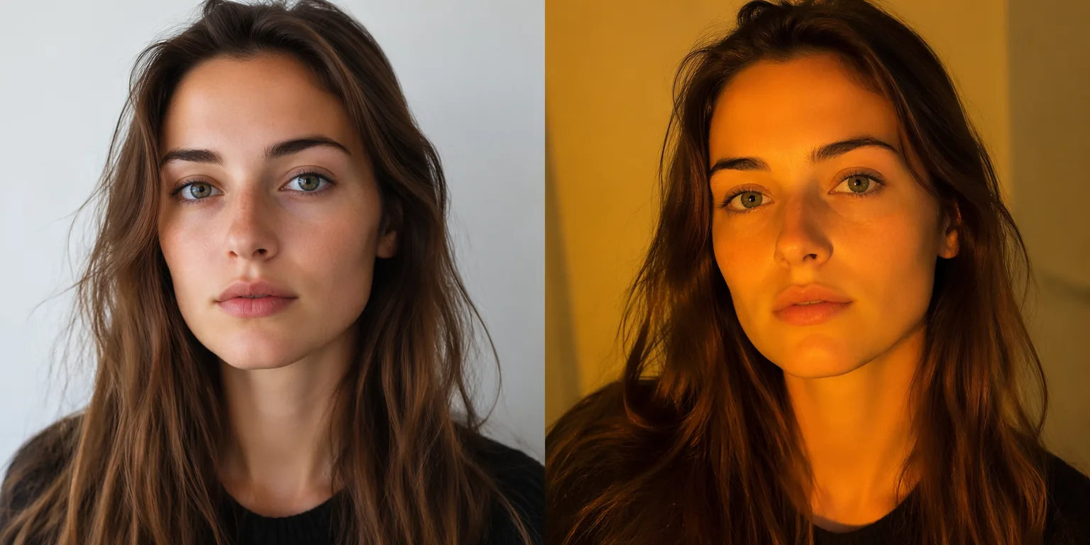 Comparación entre una foto con luz natural y una foto con luz artificial amarilla para colorimetría online