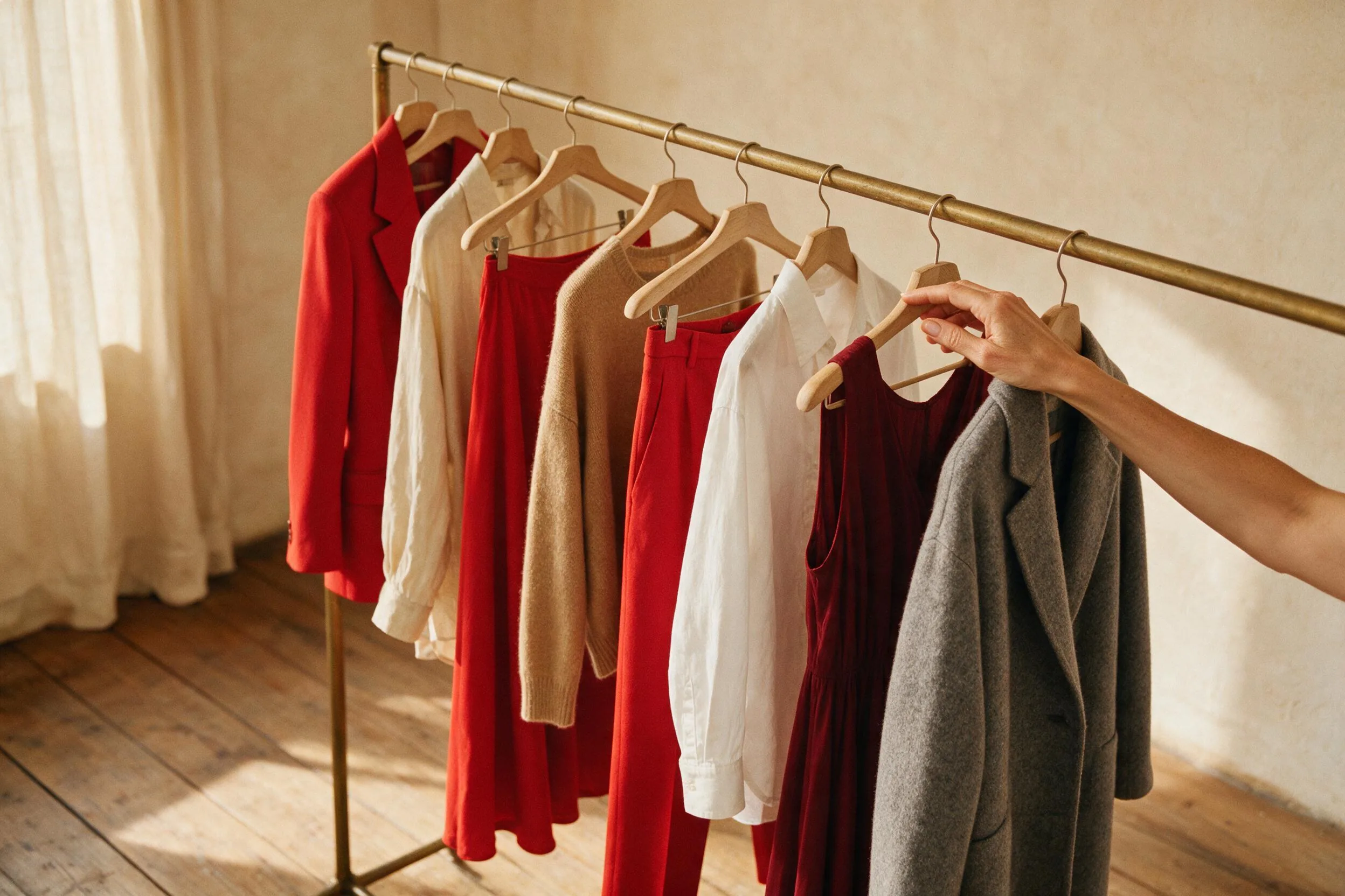 Prendas rojas colocadas junto a las neutras con las que mejor combinan: crudo, camel, blanco y gris