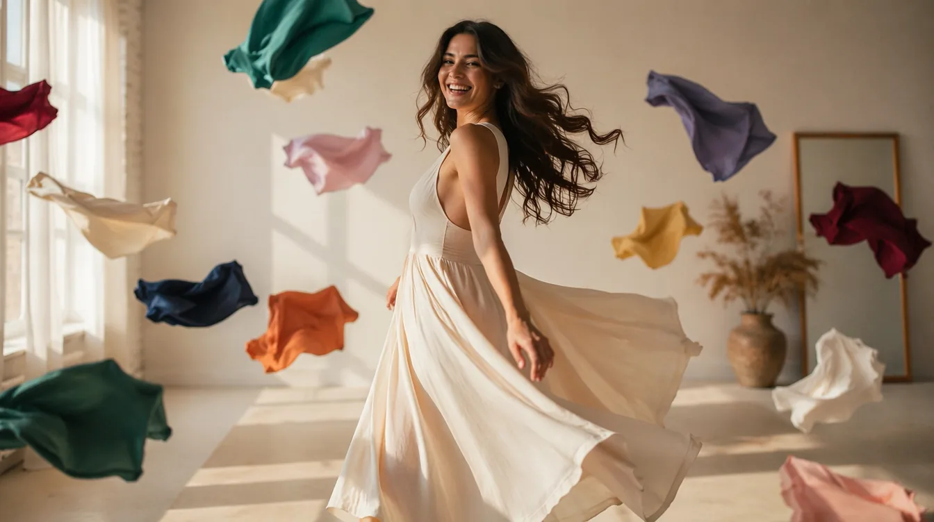 Mujer girando alegre entre telas de colores durante una asesoría de imagen, recreación ilustrativa generada con IA