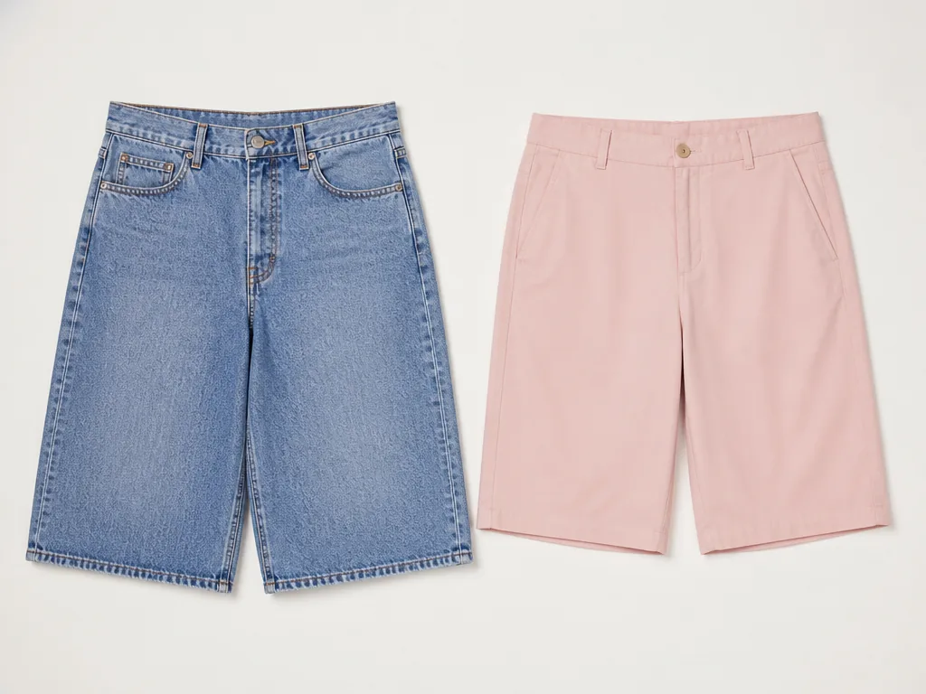 Bermudas vaqueras holgadas junto a un modelo de corte recto en un tono empolvado.