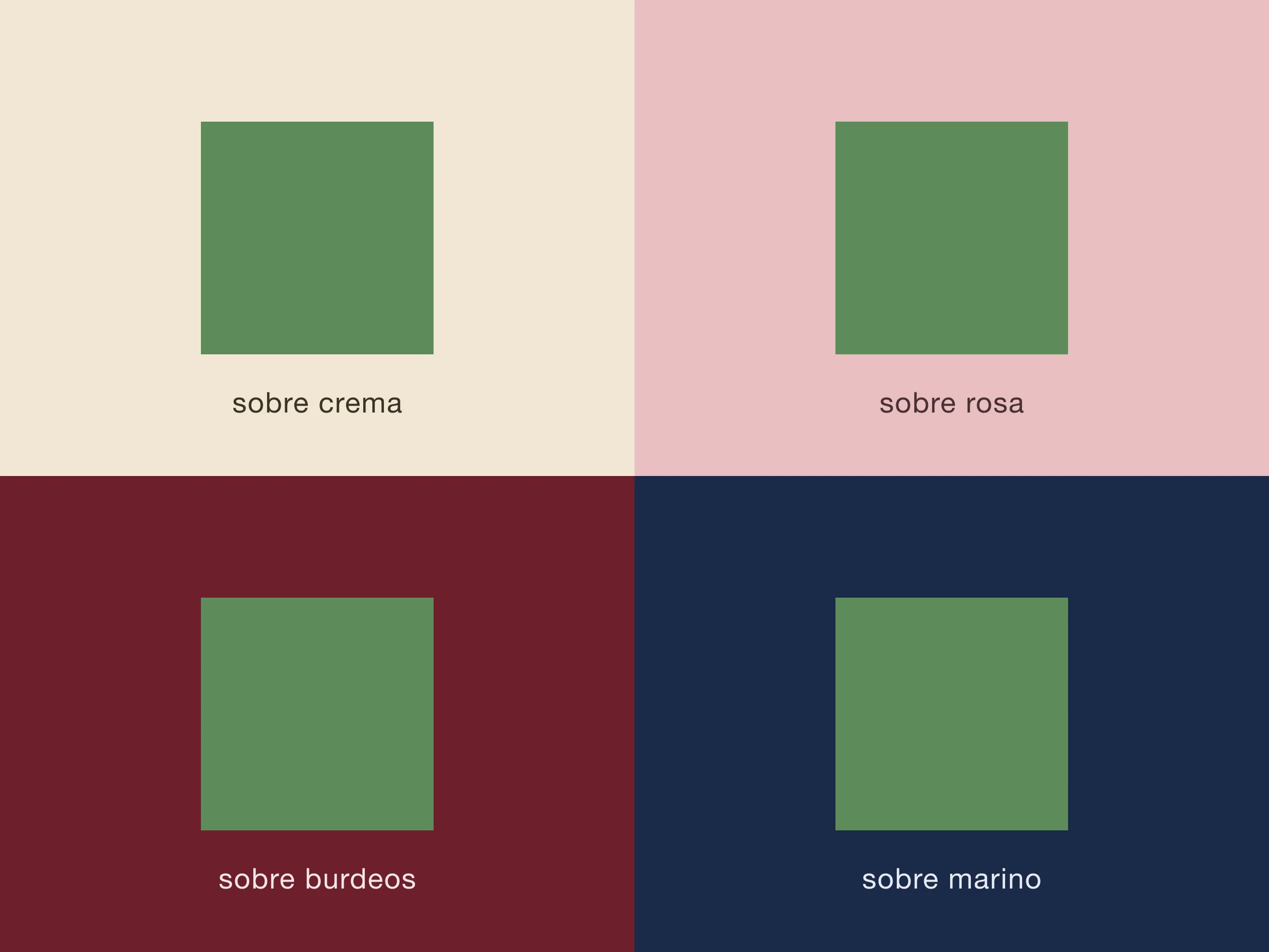 El mismo cuadrado verde sobre cuatro fondos distintos: crema, rosa, burdeos y azul marino