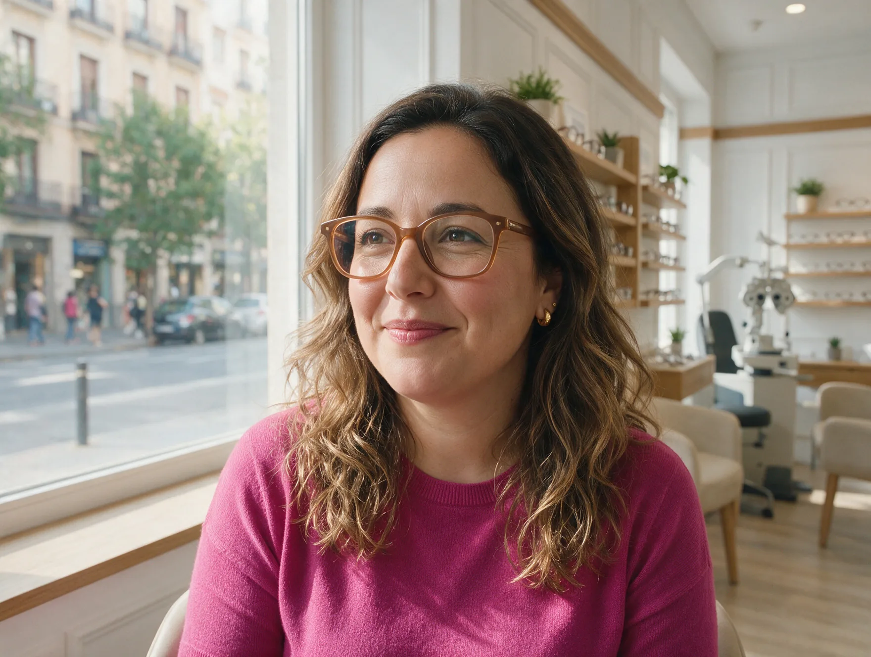 Mujer de cara redonda con gafas de montura rectangular del ancho de su rostro
