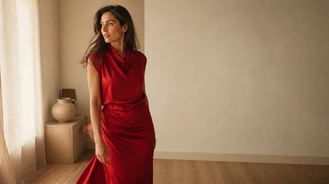 Mujer con vestido rojo de seda en un interior de tonos neutros, un ejemplo de qué transmite el rojo al vestir