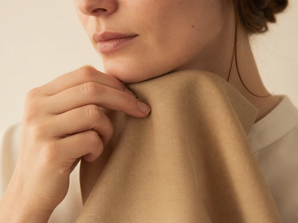 Comprobación de una prenda junto al rostro para ver si el color favorece antes de comprarla