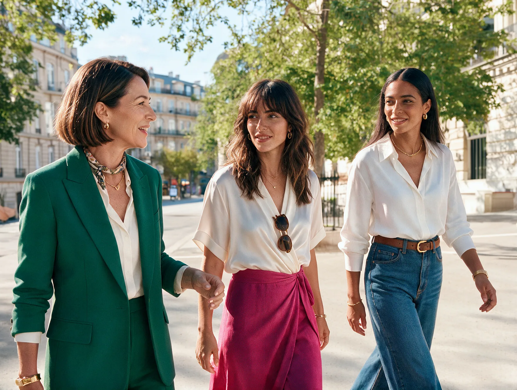 Tres mujeres caminando por la calle con cortes distintos: una melena corta a la altura de la mandíbula, una media melena con capas y flequillo abierto y un pelo largo liso con raya al medio