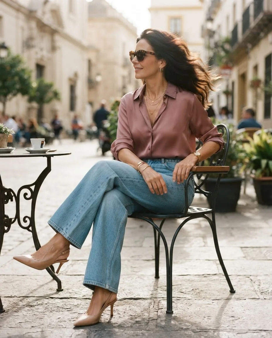 Mujer elegante sentándose en una terraza con un vaquero ancho de tiro alto que se mantiene en su sitio