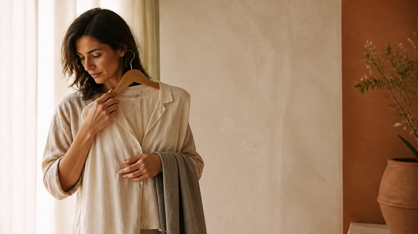 Mujer observando el efecto de una blusa marfil sobre su rostro junto a una ventana, con otra blusa gris en el brazo