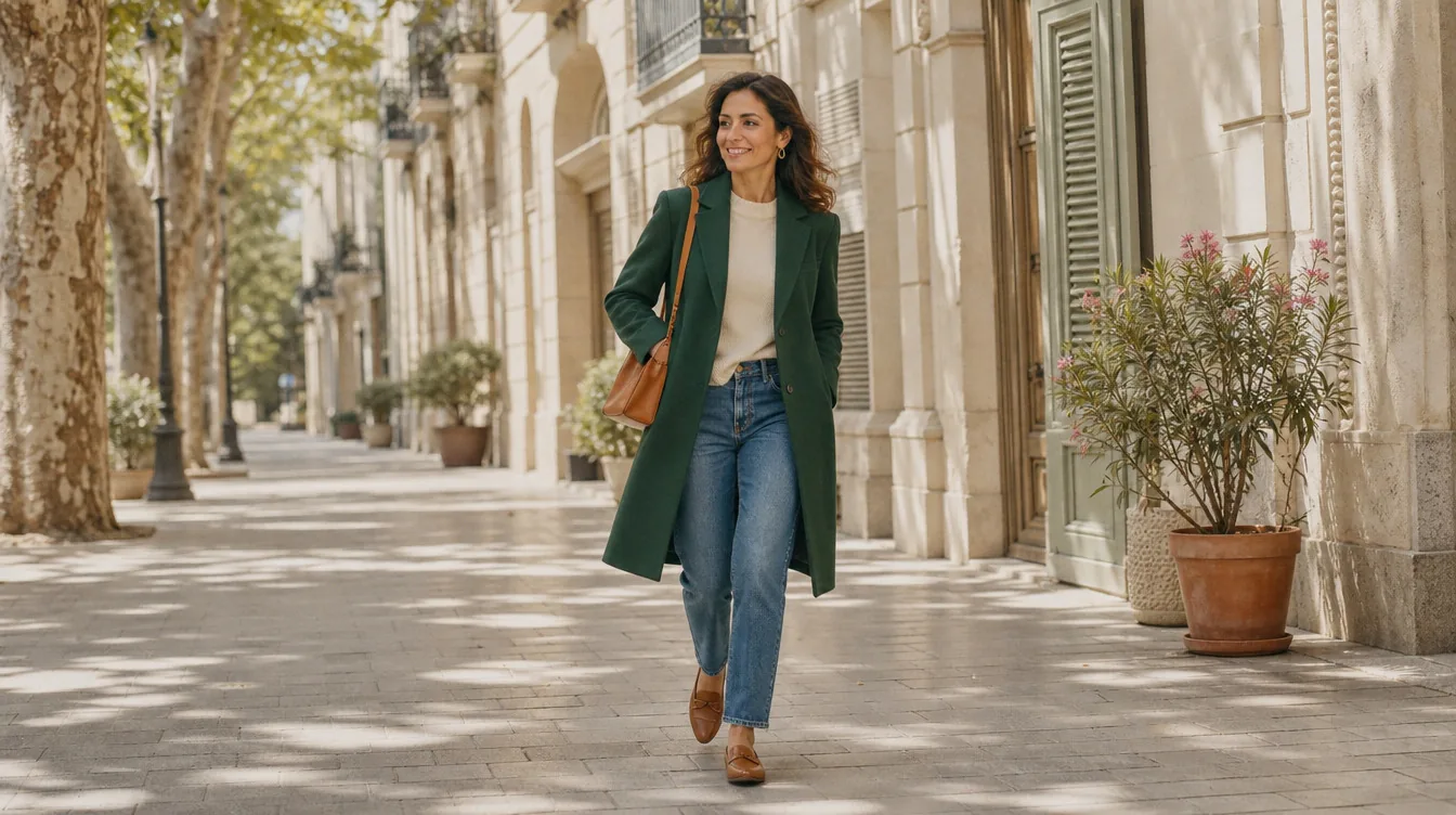 Mujer caminando con abrigo verde botella, jersey crudo, vaquero y bolso camel por una calle luminosa