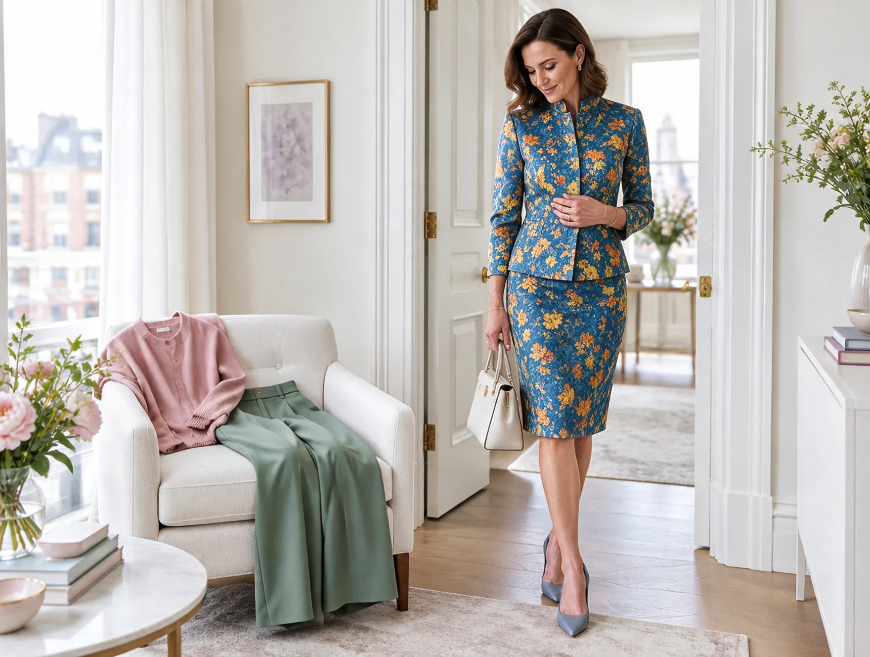 Mujer con traje de falda y chaqueta azul de flores se mira el conjunto antes de salir, junto a un sillón con ropa más cómoda