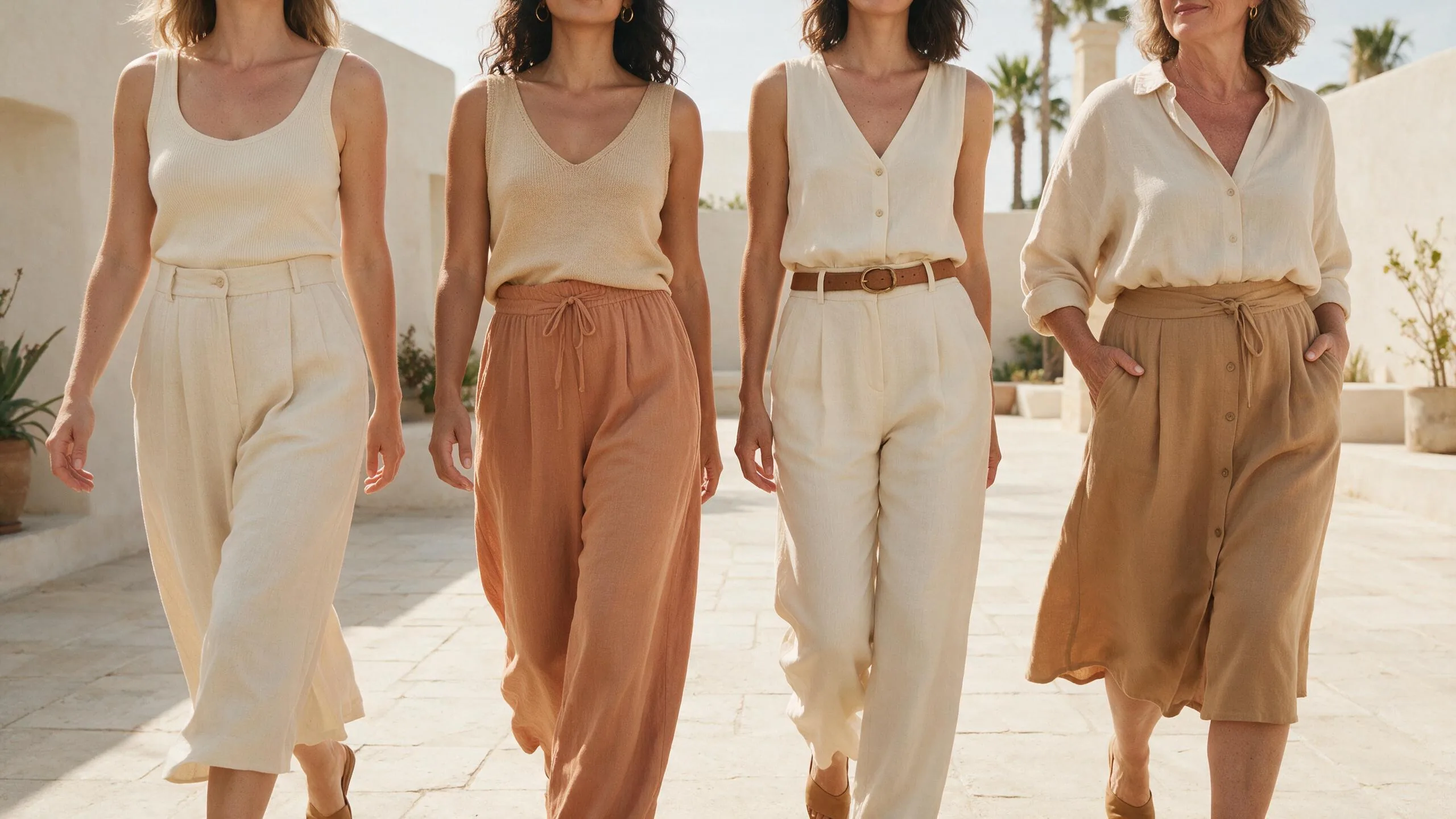Mujeres de distintas siluetas, edades y orígenes caminando, cada una vestida según su tipo de cuerpo con criterio, en tonos neutros cálidos