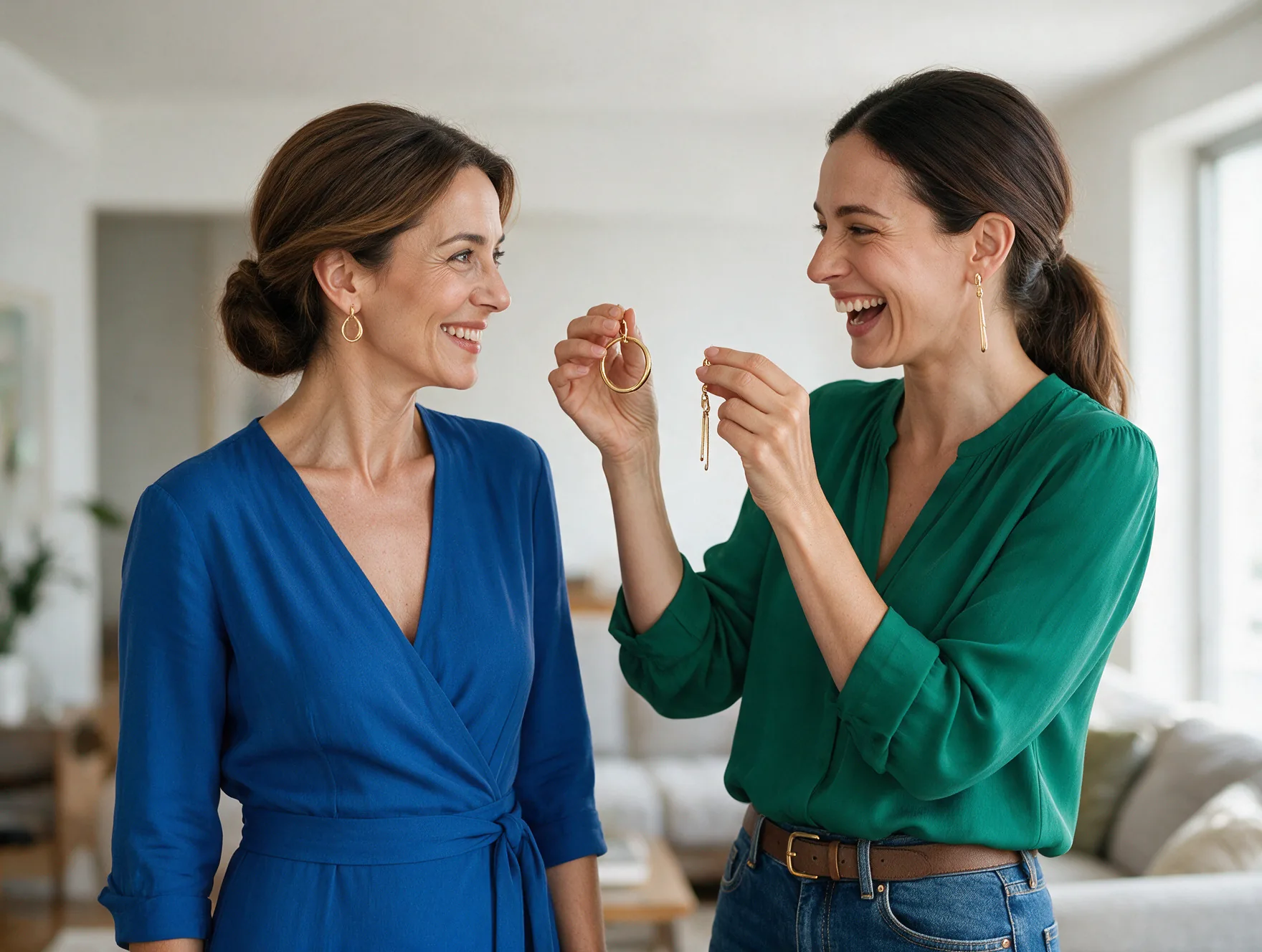 Dos amigas comparan unos aros grandes y unos pendientes largos junto a la cara