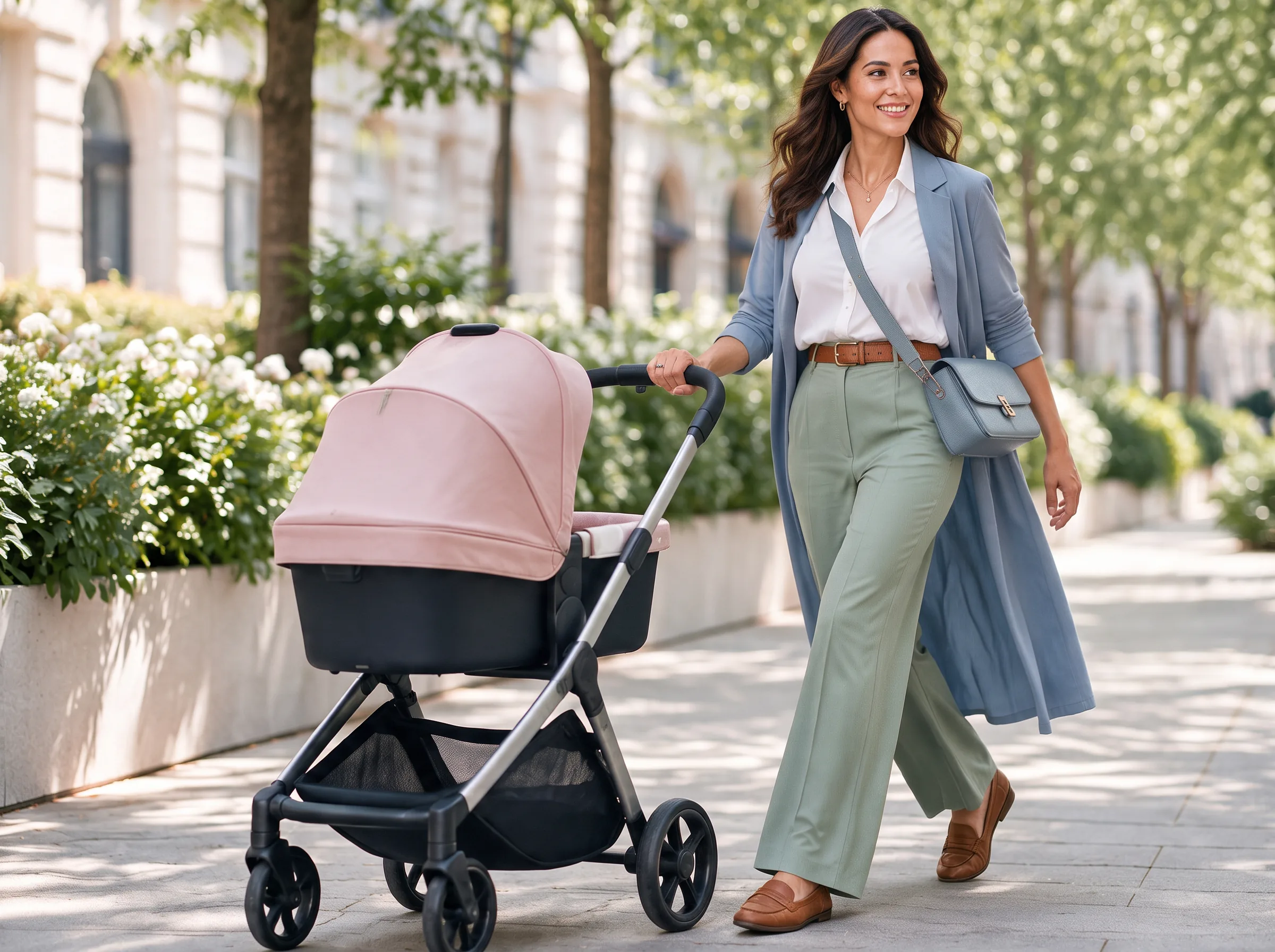 Madre elegante camina por la ciudad con carrito, pantalón ancho salvia, camisa blanca y abrigo largo azul